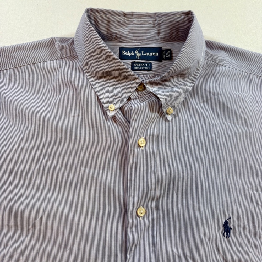 Ralph Lauren Yarmouth Shirt Mens 17.5 34/35 Blue Pinstripe Cotton Dress Shirt